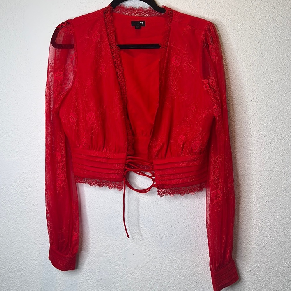 NBD Red Lace Sheer Tie-Front Cropped Top